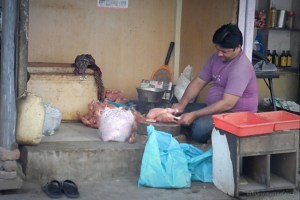 at a Market in Delhi. I really wondered  what stripping the chicken off its skin was for. Deep fried Chicken skin is the best, man !