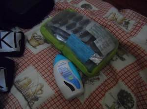 medicine pouch. tummy aches, irritable bowel , Vitamins, and nasal allergy spray. 