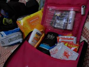 My Toiletry pouch. just around 7"x7".   I usually carry toiletries in sachets (shampoos, deo) so it lessens my  load as i consume it. Wet tissues are always refreshing, especially when visiting hot humid areas.