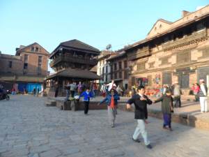 Nyatapola square at morning time around 6-7 am , packed with seniors doing morning exercises.